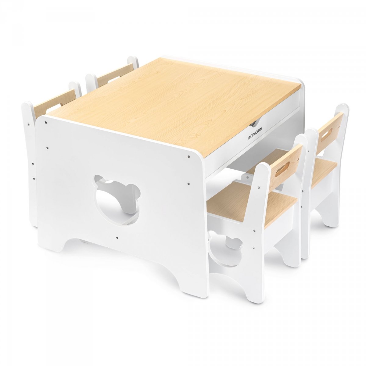 Duży zestaw mebli dla dzieci - biały, drewniany stolik - biurko, dwie szuflady + 4 krzesełka - Miś