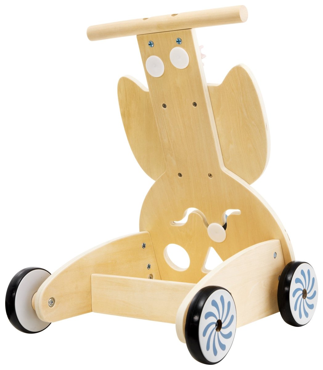 Drewniany, wielofunkcyjny chodzik - pchacz - wózek z klockami - Sówka