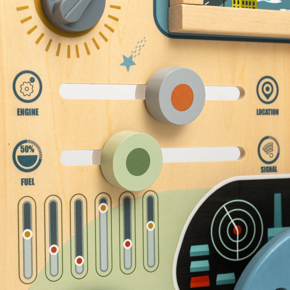 Drewniana tablica Montessori 2w1 Kokpit Małego Kierowcy i Pilota – kierownica, dźwignia zmiany biegów, mapy podróży, radar