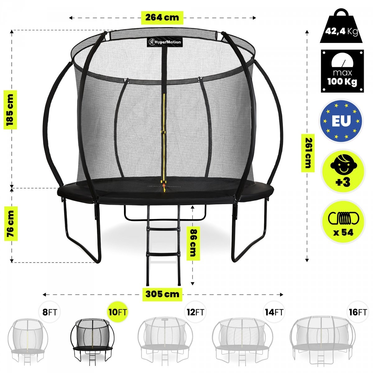 Trampolina ogrodowa XL dla dzieci HyperMotion - 305 cm 10FT - z drabinką i siatką wewnętrzną - do domu i ogrodu