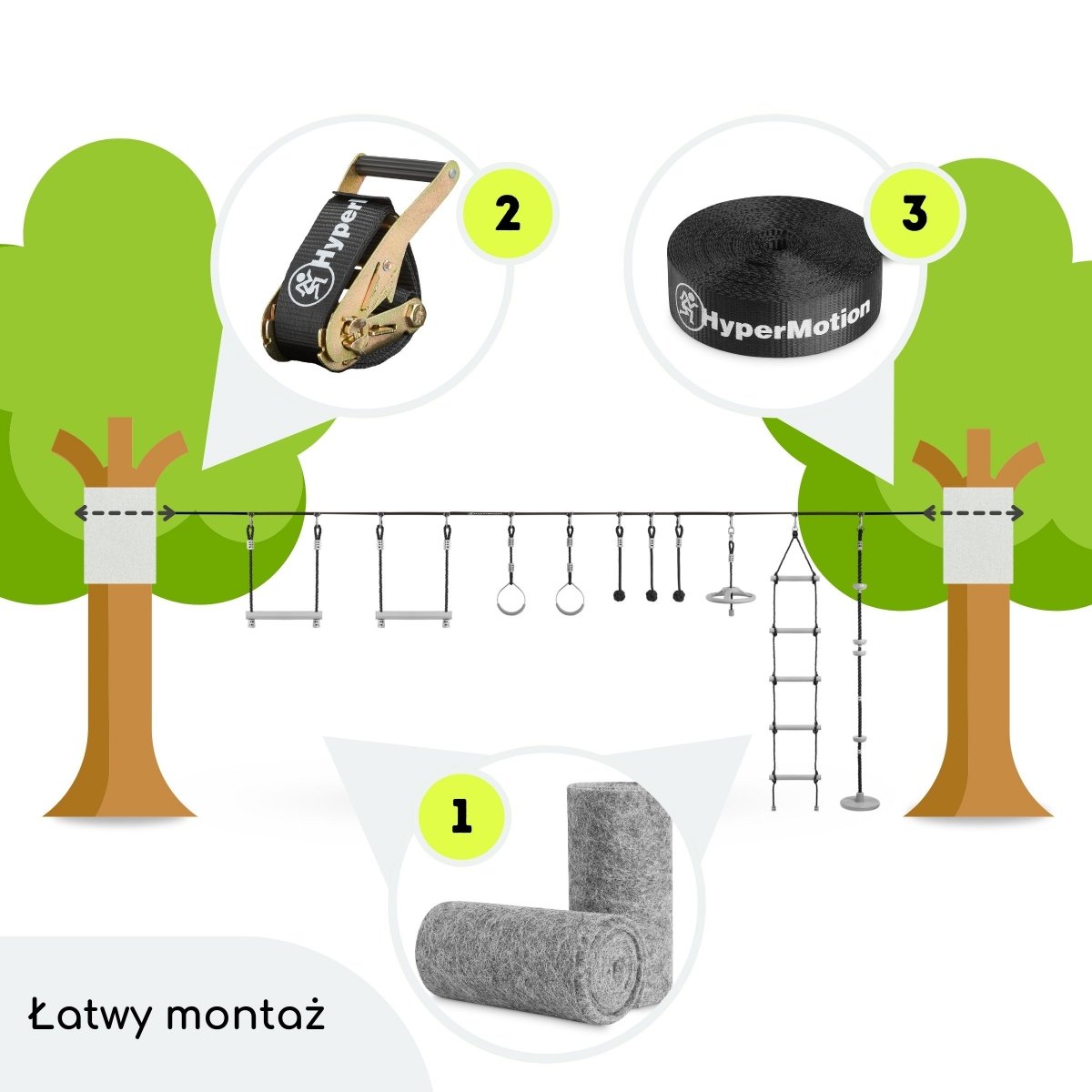 Tor przeszkód Ninja dla dzieci - zestaw slackline HyperMotion - 10 przeszkód