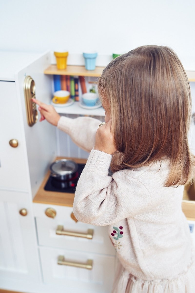 Interaktywna drewniana kuchnia XXL z fartuszkiem, akcesoriami i oświetleniem LED - dwupoziomowa