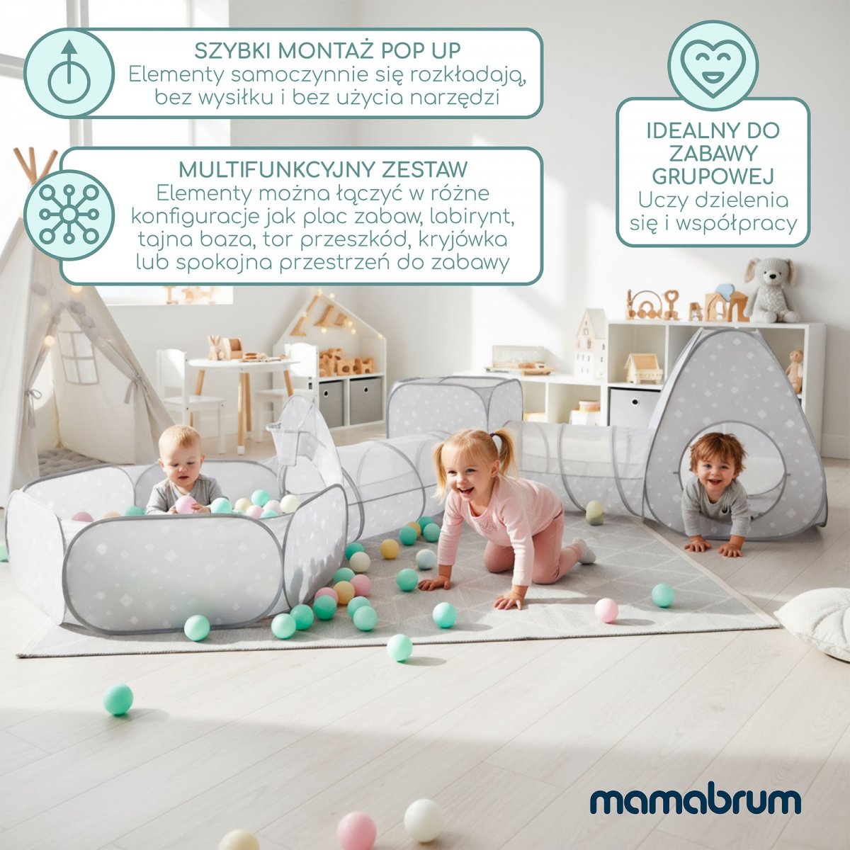 Duży zestaw do zabawy 5 w 1 - dwa namioty, tunele, basen na piłki - plac zabaw dla dziecka do pokoju i ogrodu, labirynt