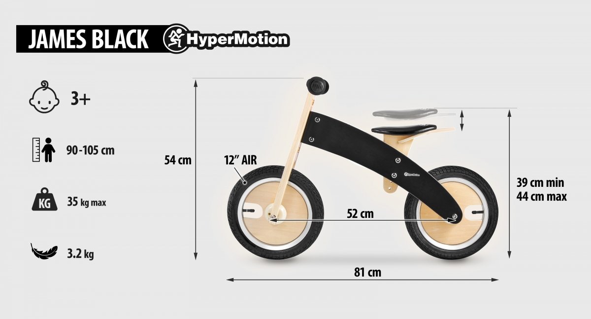Rowerek biegowy drewniany HyperMotion JAMES - pompowane koła - czarny -  Rowerki Biegowe - Rowerki dla dzieci