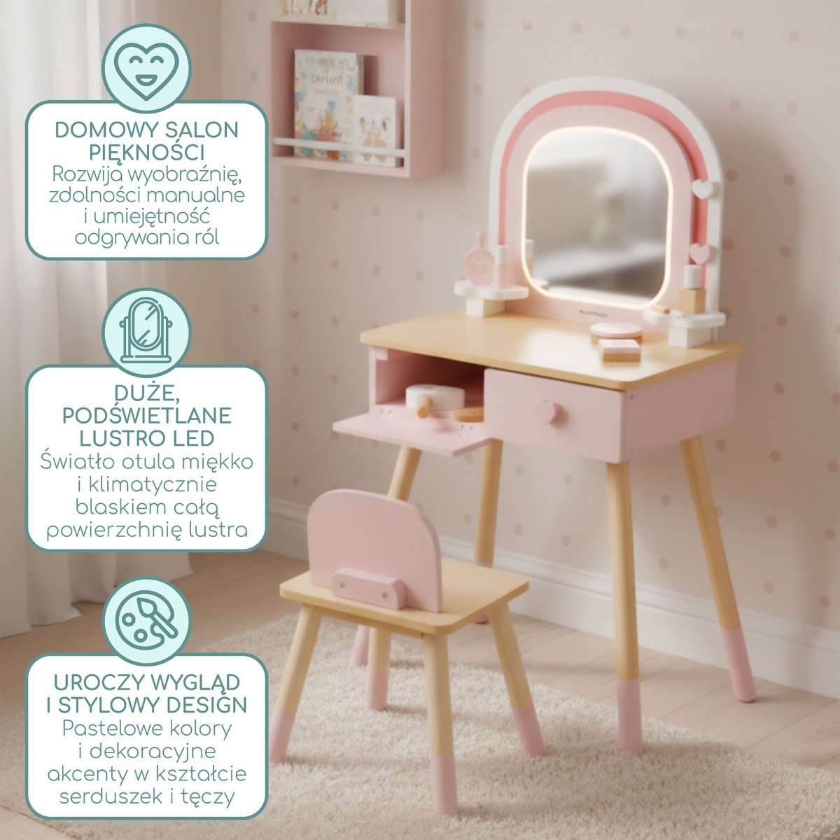 Drewniana toaletka dla dzieci z oświetleniem LED o płynnej regulacji jasności, krzesełkiem i akcesoriami