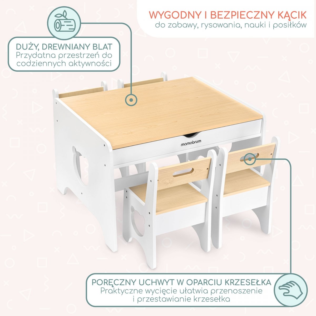 Duży zestaw mebli dla dzieci - biały, drewniany stolik - biurko, dwie szuflady + 4 krzesełka - Miś
