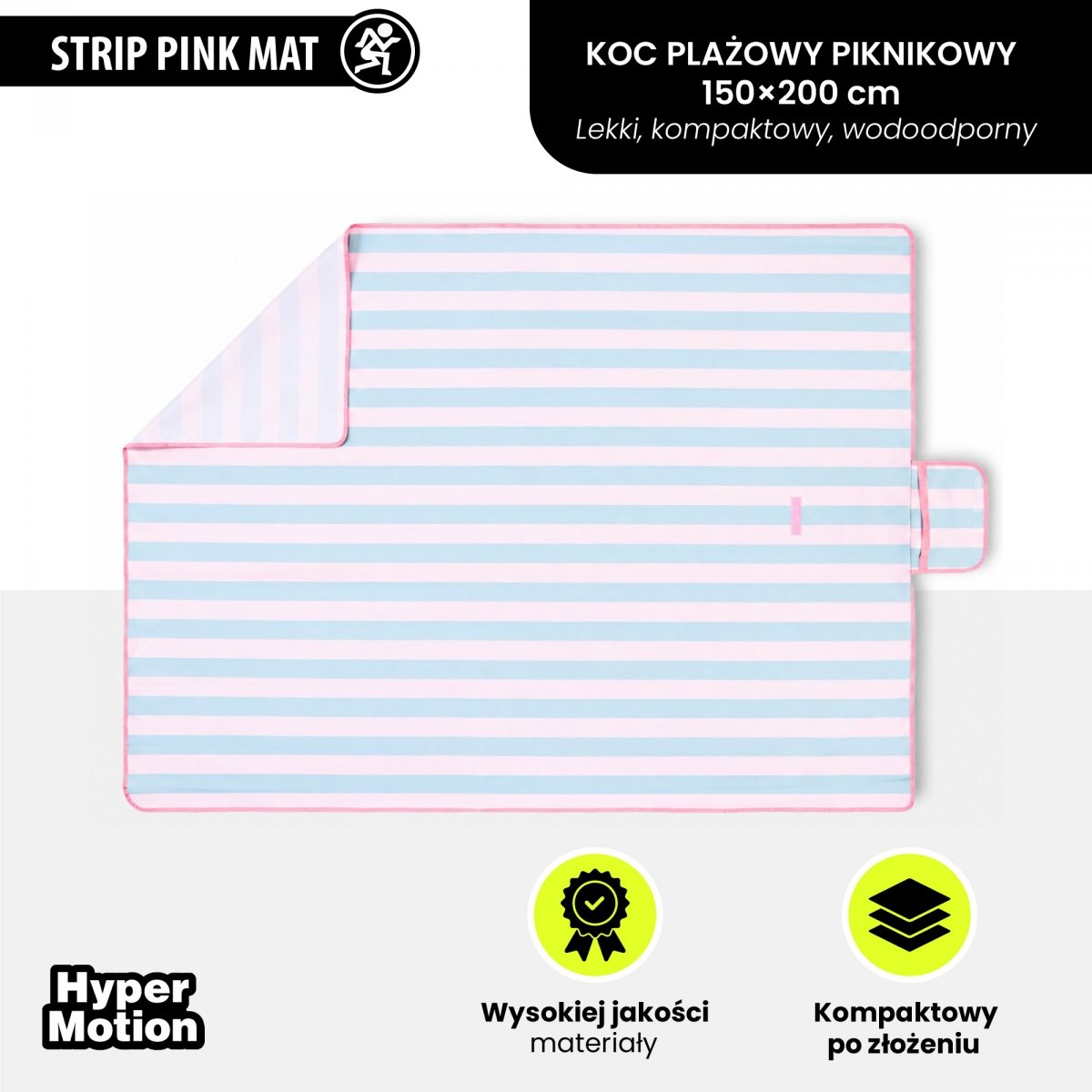 Koc plażowy piknikowy 150×200 cm - HyperMotion – różowo-zielone paski