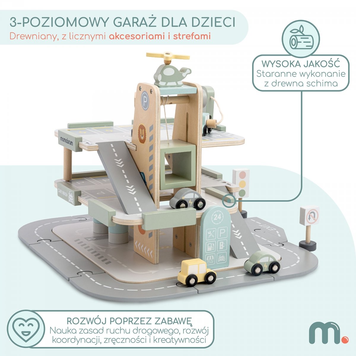 Drewniany, trzypoziomowy garaż dla dzieci z akcesoriami – parking, stacja paliw, myjnia, helikopter