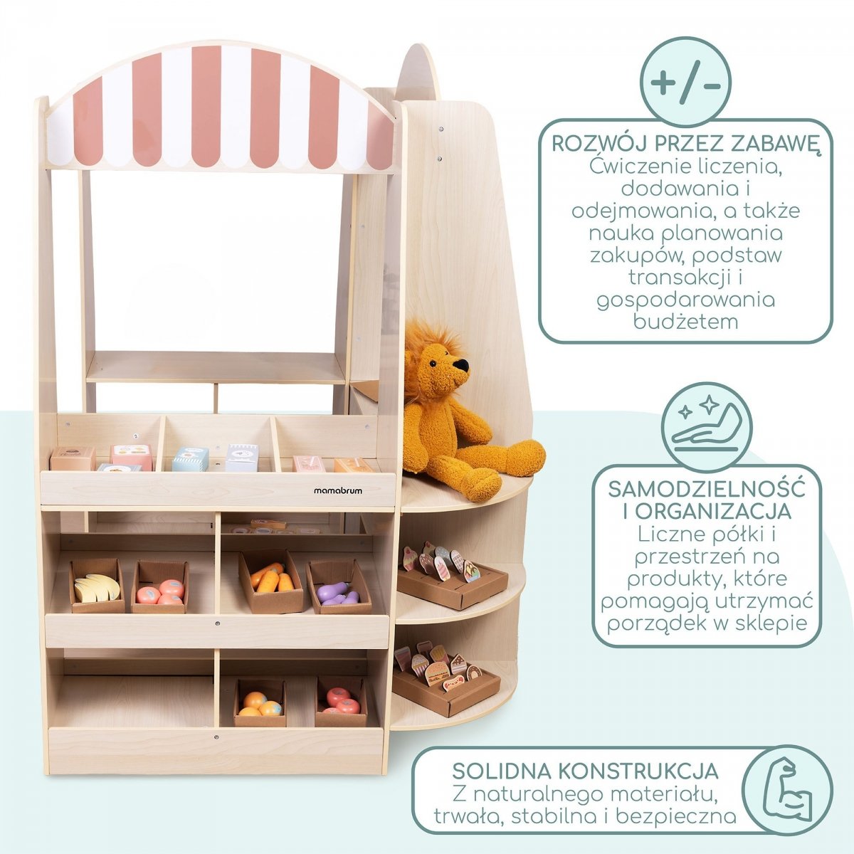 Duży, drewniany sklep dla dzieci z tablicą - 91 elementów do zabawy w zakupy!