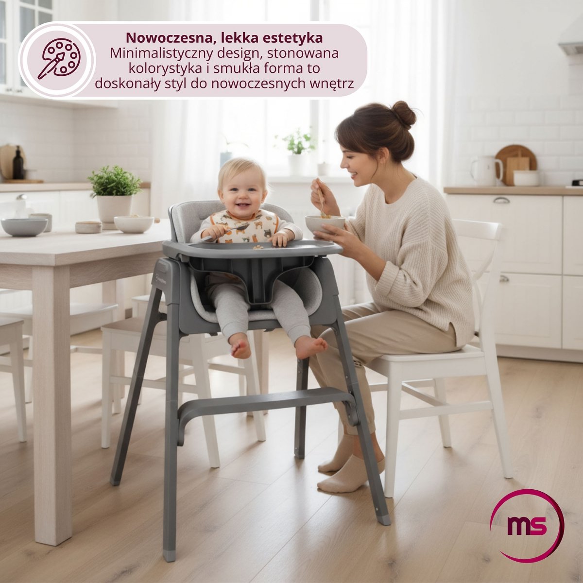 Składane krzesełko do karmienia Noxi 3w1, dwupoziomowe dla dziecka - Moby-System szare
