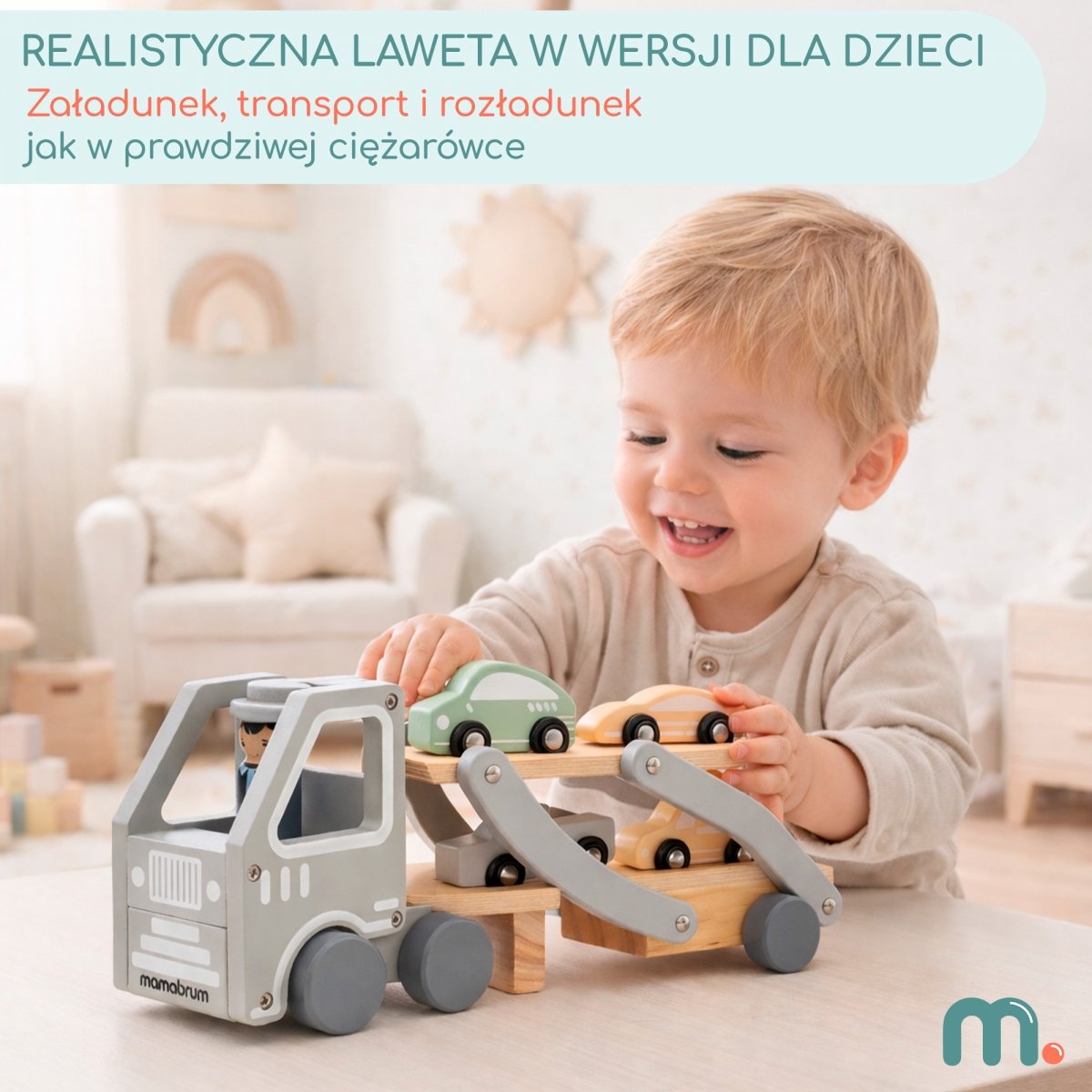Drewniana laweta z autami - ciężarówka dla dzieci