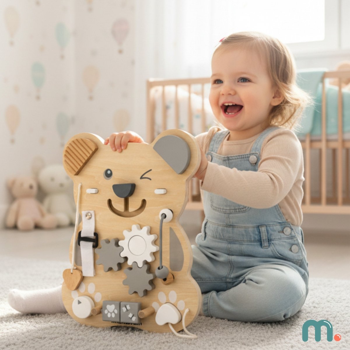 Drewniana tablica manipulacyjna Montessori 10 w 1 sensoryczna, edukacyjna - Miś