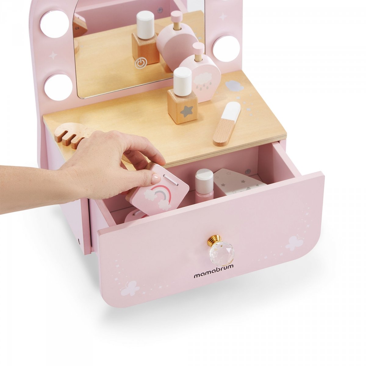 Drewniana mini toaletka dla dzieci z akcesoriami i oświetleniem LED o płynnej regulacji jasności