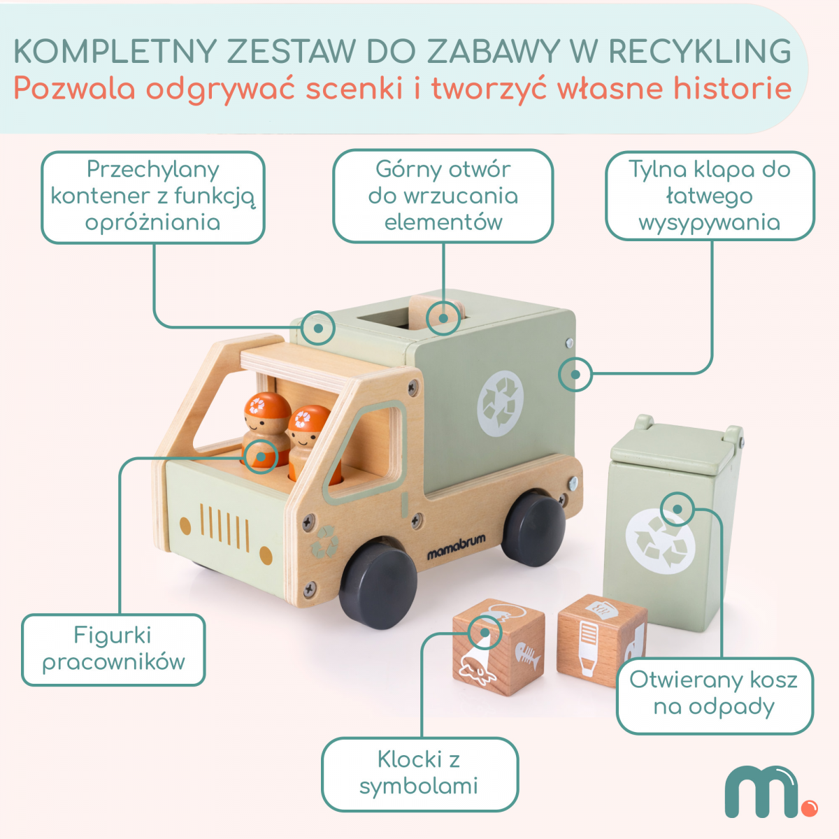 Drewniane auto do segregacji odpadów - śmieciarka z akcesoriami