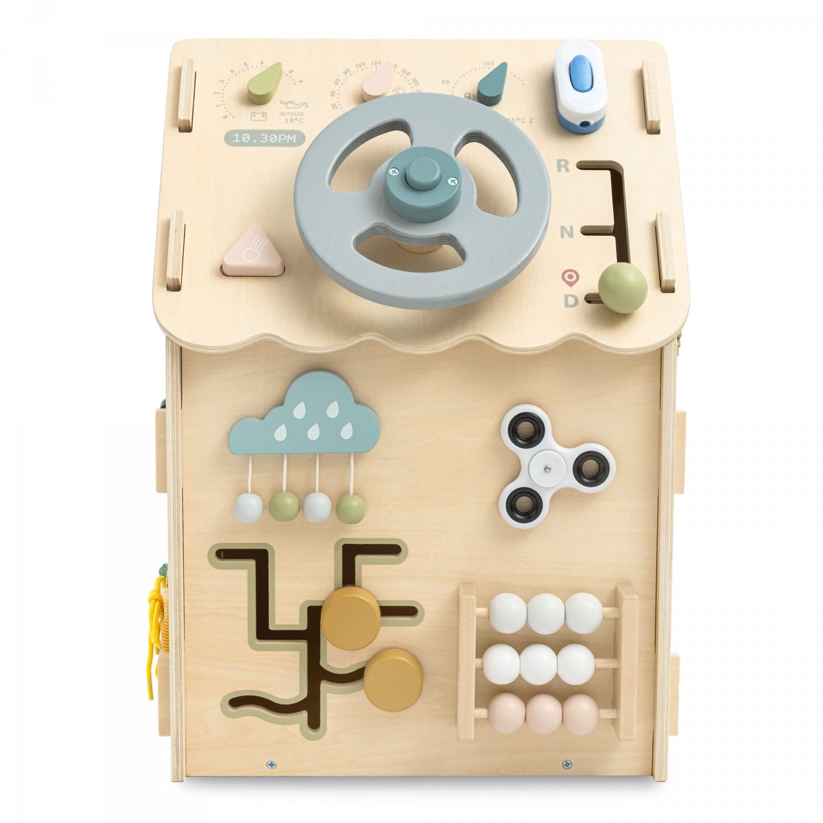 Drewniany, edukacyjny domek aktywności Montessori 6 w 1- sensoryczna tablica manipulacyjna