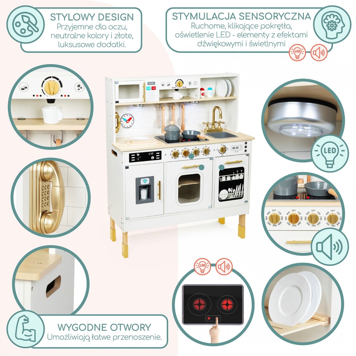 Interaktywna drewniana kuchnia XXL z akcesoriami i oświetleniem LED - dwupoziomowa