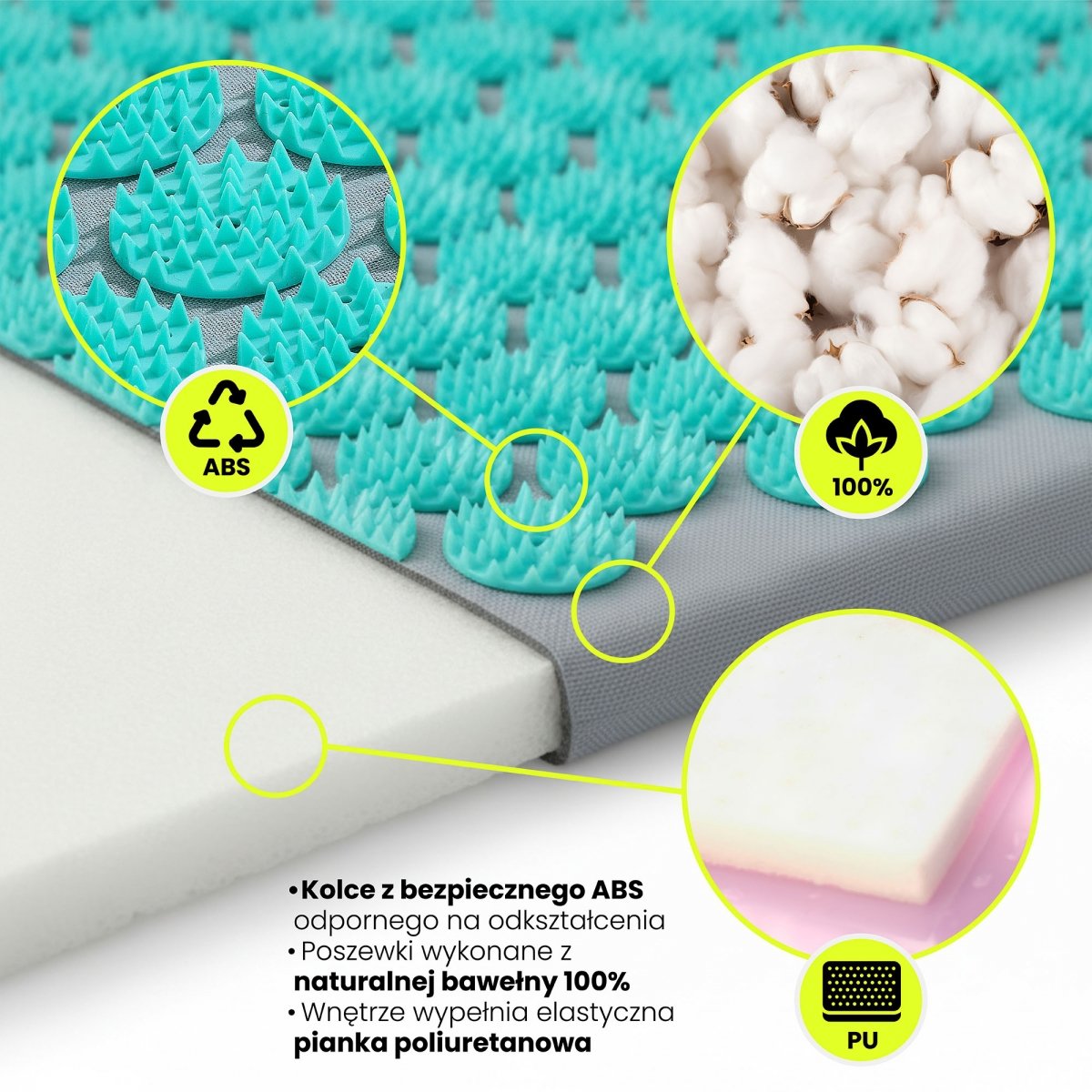 Duża mata do akupresury z poduszką i pokrowcem - 130 cm HyperMotion szaro-miętowa