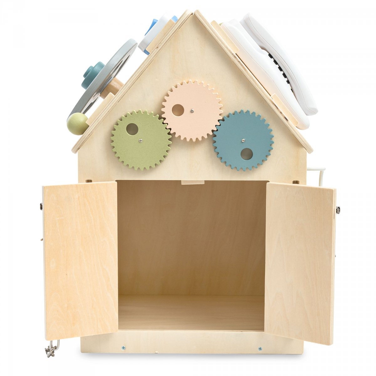 Drewniany, edukacyjny domek aktywności Montessori 6 w 1- sensoryczna tablica manipulacyjna