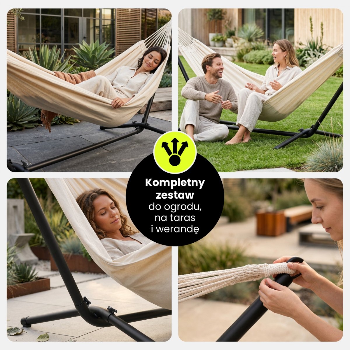 Zestaw hamak ogrodowy + stelaż metalowy – gotowa strefa relaksu