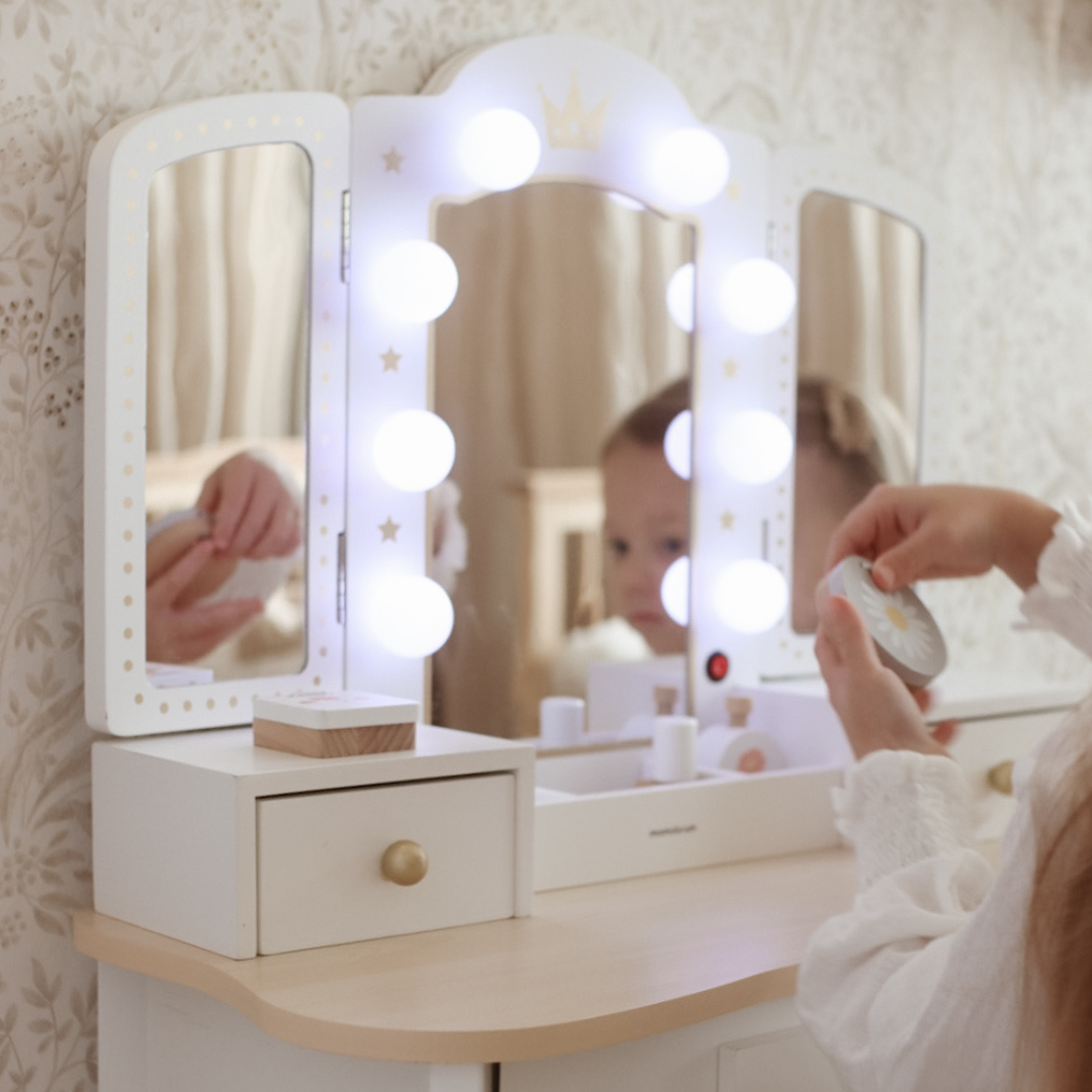 Drewniana toaletka XXL z taboretem i oświetleniem LED dla dzieci + akcesoria