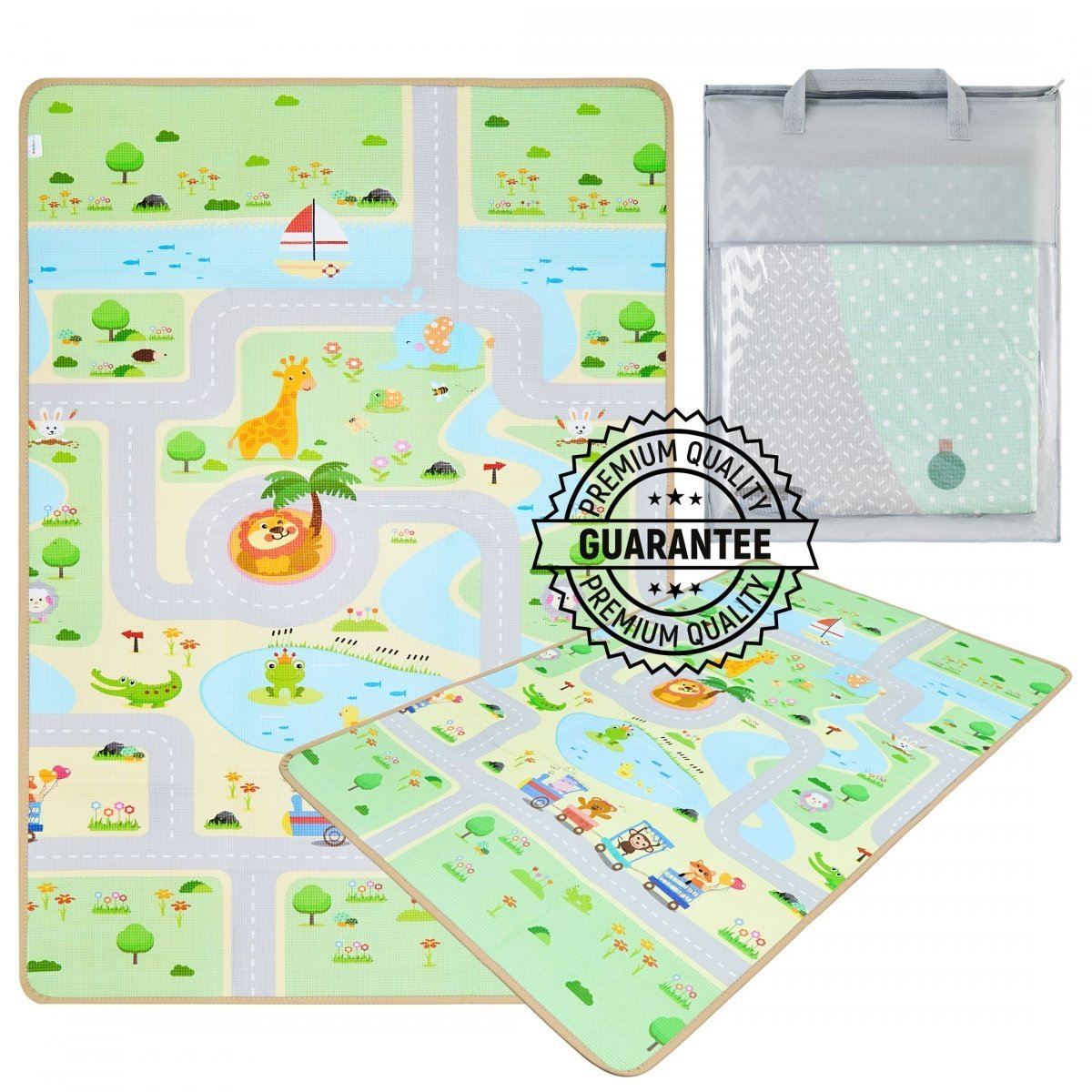 Dwustronna mata piankowa 180 x 120 x 0.5 cm + torba - las na wzgórzu / słoneczne miasteczko
