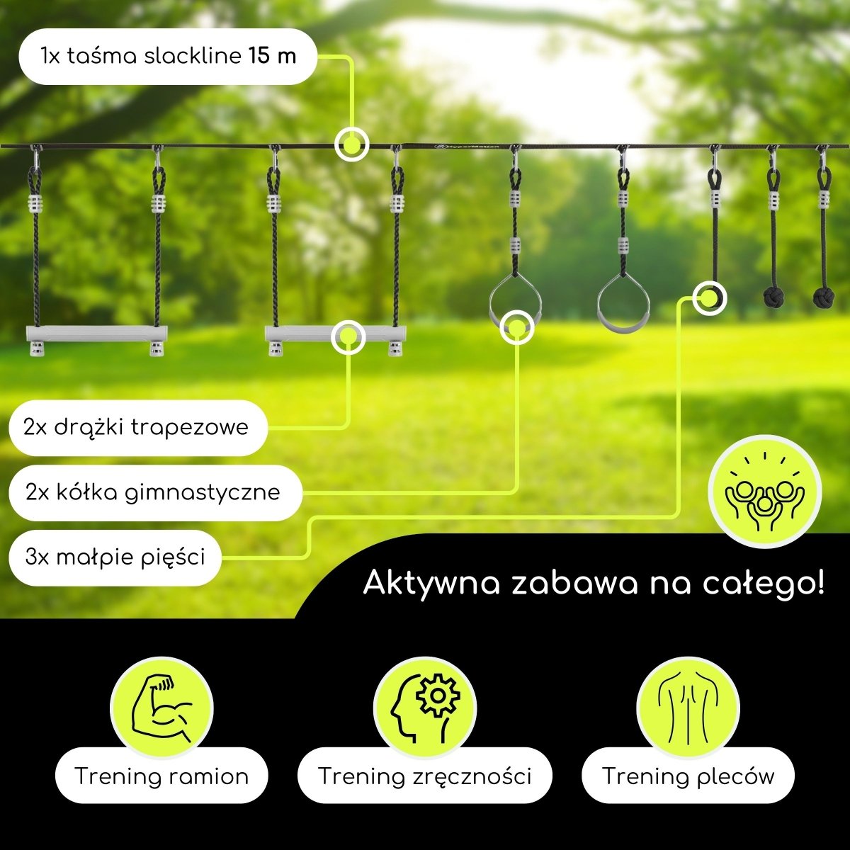 Tor przeszkód Ninja dla dzieci - zestaw slackline HyperMotion - 7 przeszkód