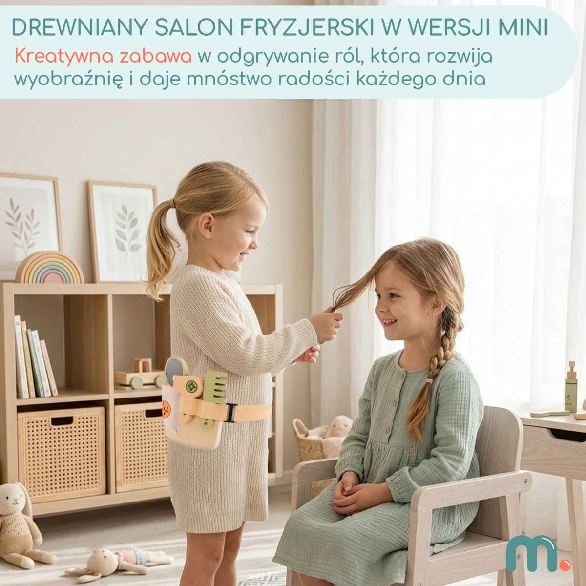Drewniany zestaw fryzjerski dla dzieci + pas na akcesoria