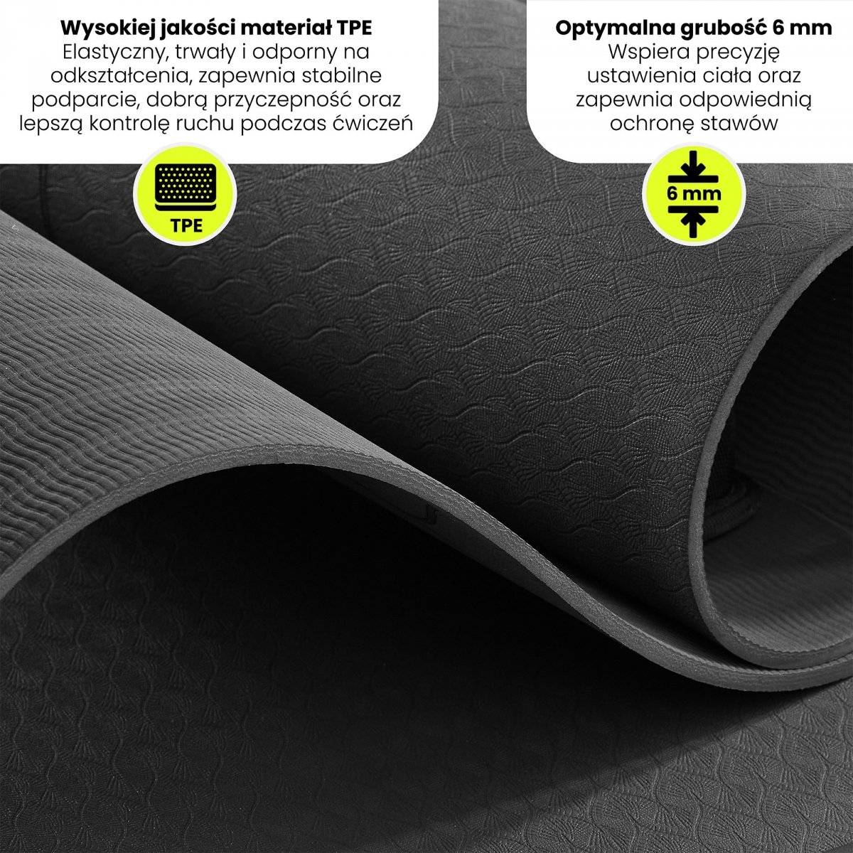 Mata do jogi i ćwiczeń HyperMotion Lotos TPE 6 mm z paskiem – 183 × 61 cm – czarna