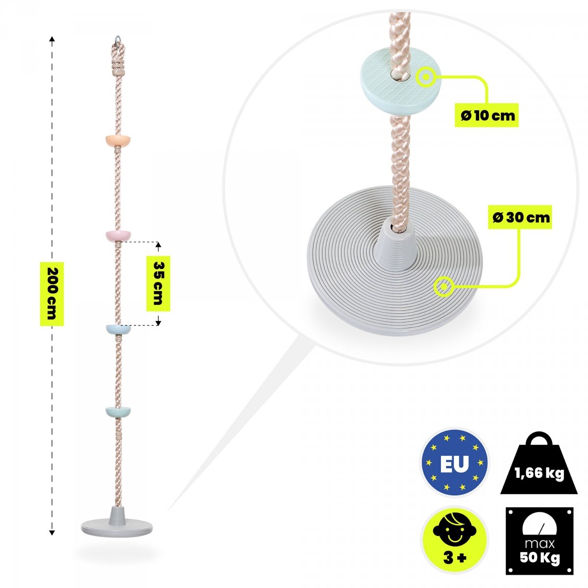 Lina wspinaczkowa dla dzieci z dyskiem i uchwytami - huśtawka ogrodowa HyperMotion