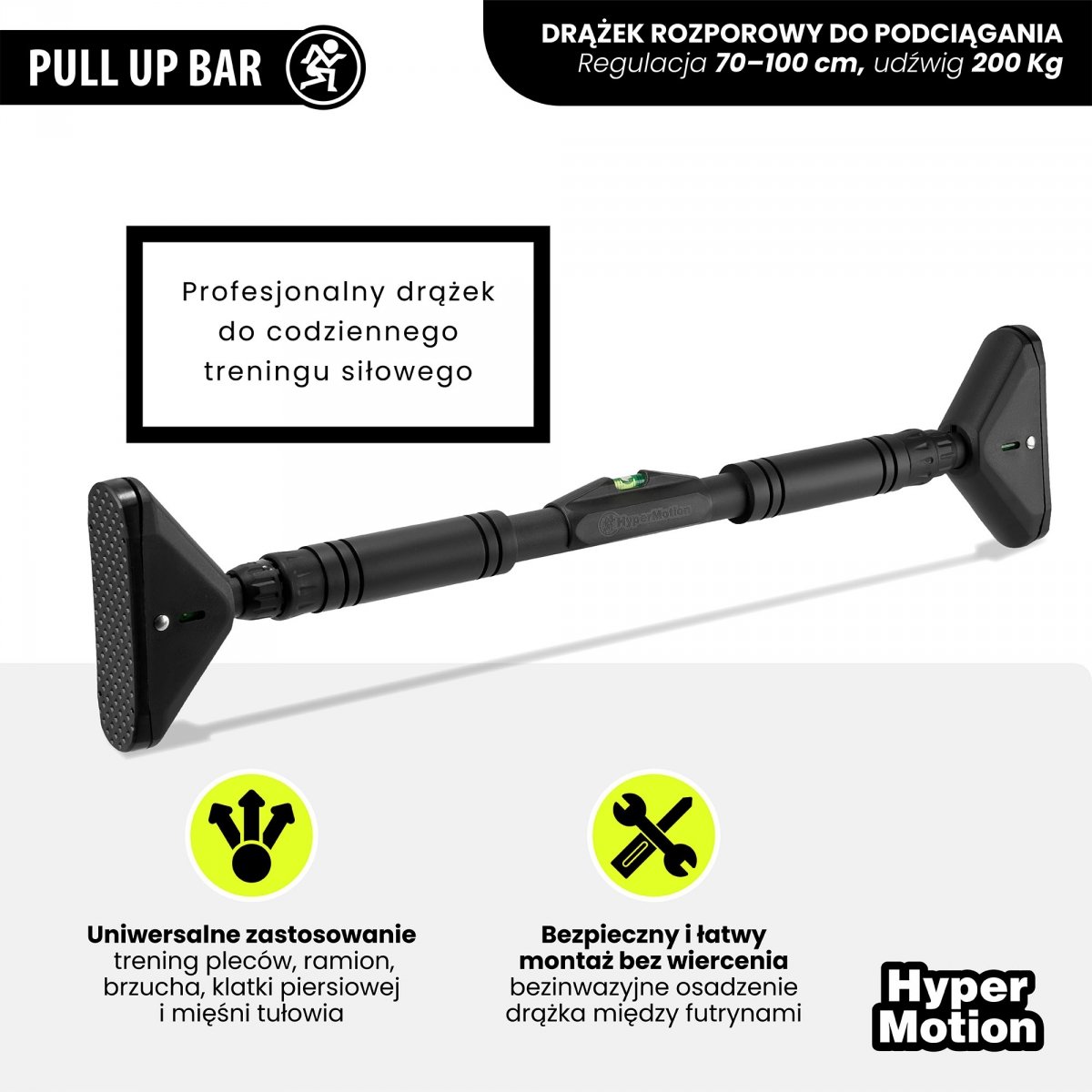 Drążek rozporowy do podciągania HyperMotion regulowany 70–100 cm, 200kg, czarny