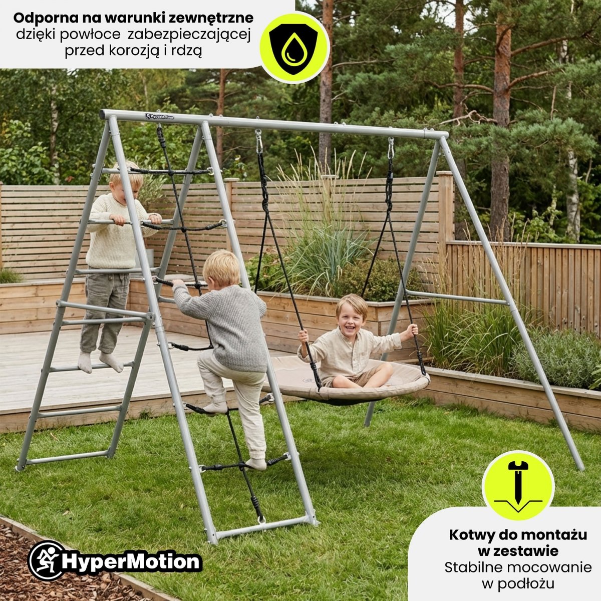 Ogrodowy plac zabaw XL 3w1 z bocianim gniazdem, drabinką i siatką wspinaczkową HyperMotion
