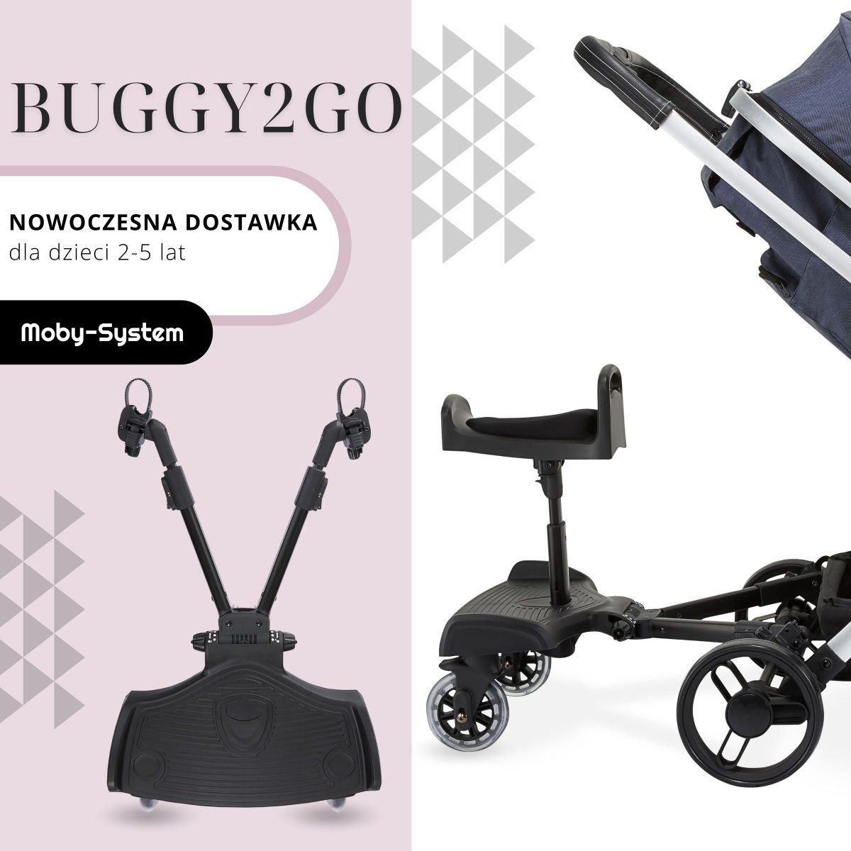 Dostawka do wózka z regulowanym siedziskiem i uniwersalnym systemem mocowania - Moby-System BUGGY2GO