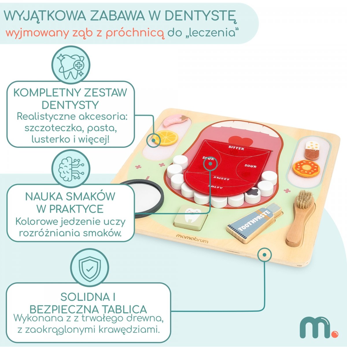 Drewniana tablica edukacyjna Montessori Mały Dentysta - szczoteczka, pasta, wyjmowane zęby, lusterko, jedzenie, nauka smaków