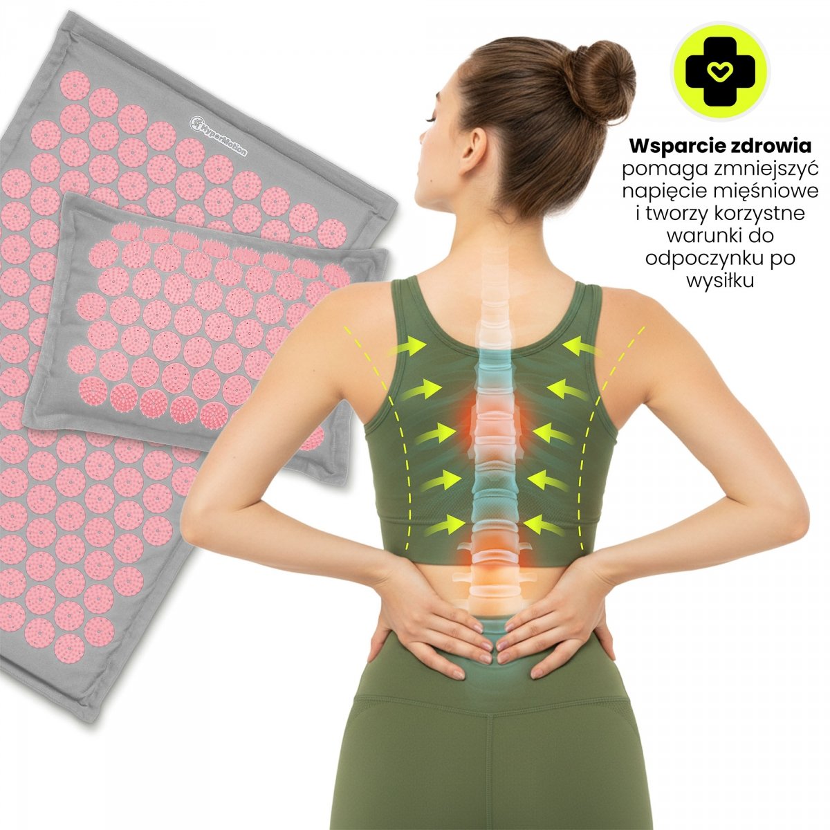 Mata do akupresury ECO lniana z włóknem kokosowym i poduszką z gryki – 68 cm HyperMotion szaro-różowa