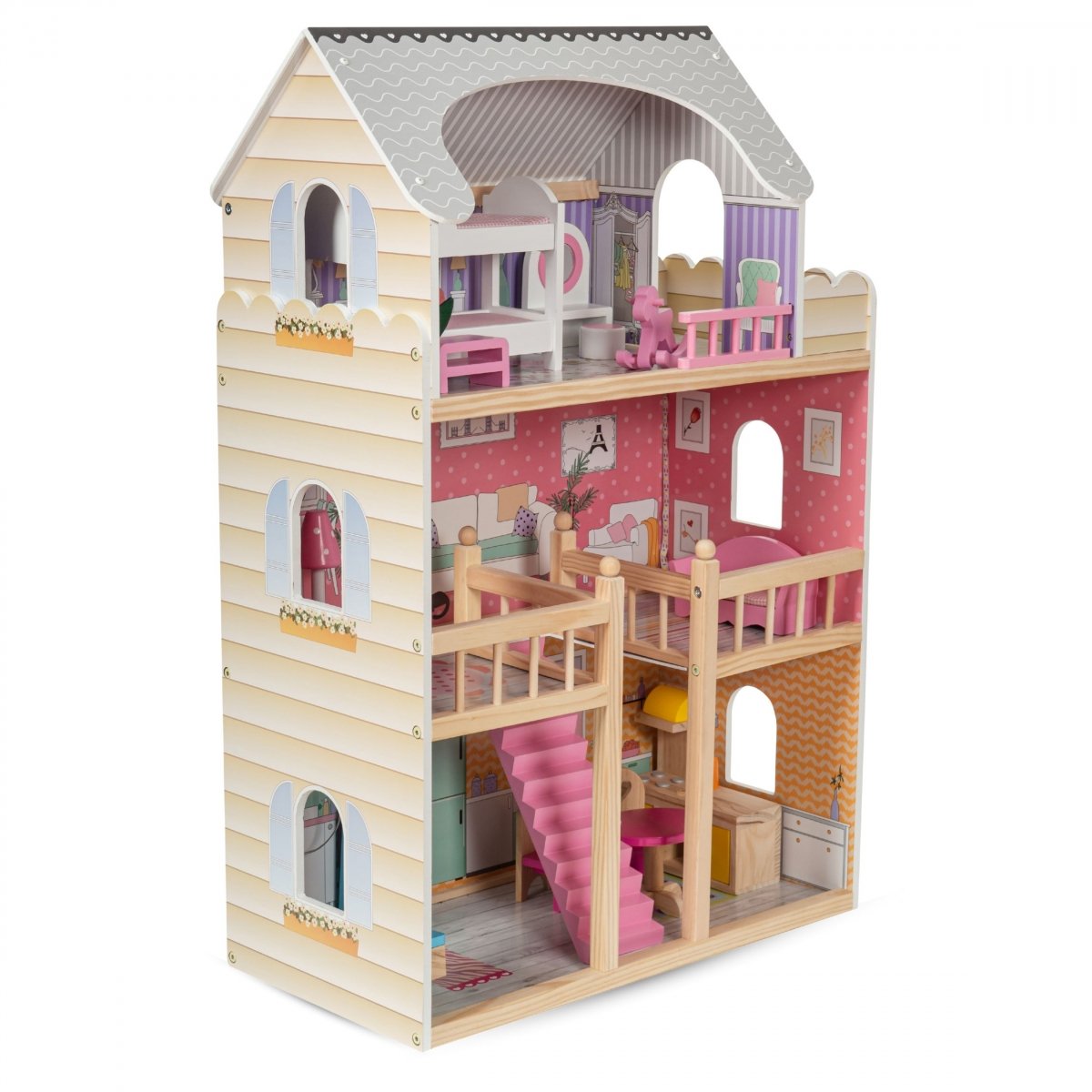 Duży drewniany 3-piętrowy domek dla lalek z tarasem, zestawem mebli i oświetleniem LED!