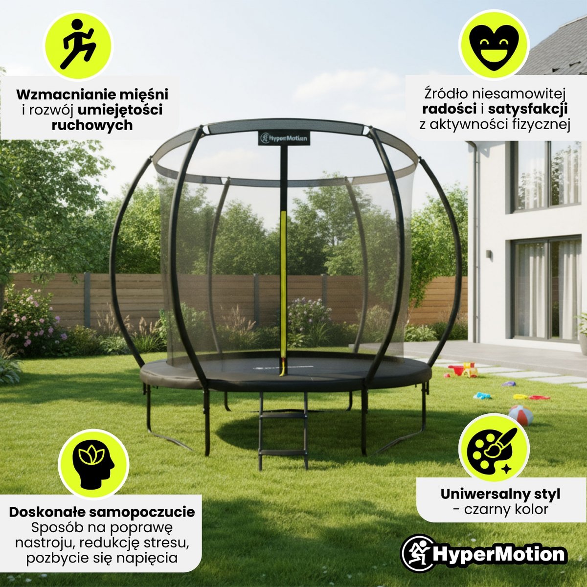 Trampolina ogrodowa dla dzieci HyperMotion - 244 cm 8FT - z drabinką i siatką wewnętrzną - do domu i ogrodu