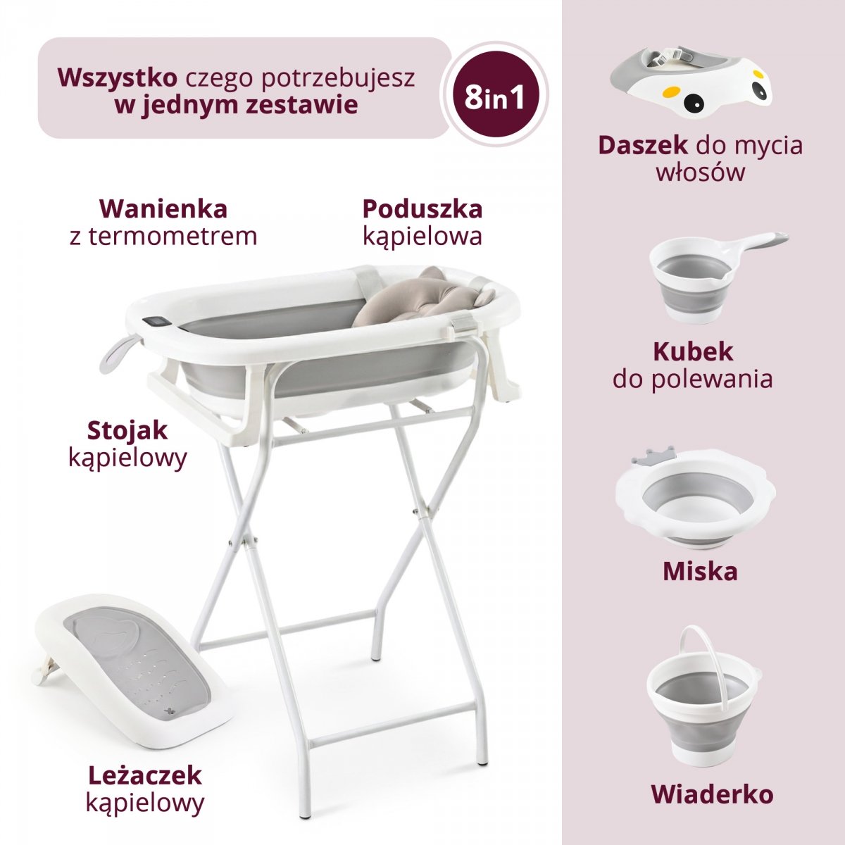 Składana wanienka dla dziecka 8w1 ze stojakiem, leżaczkiem, termometrem i akcesoriami - szara