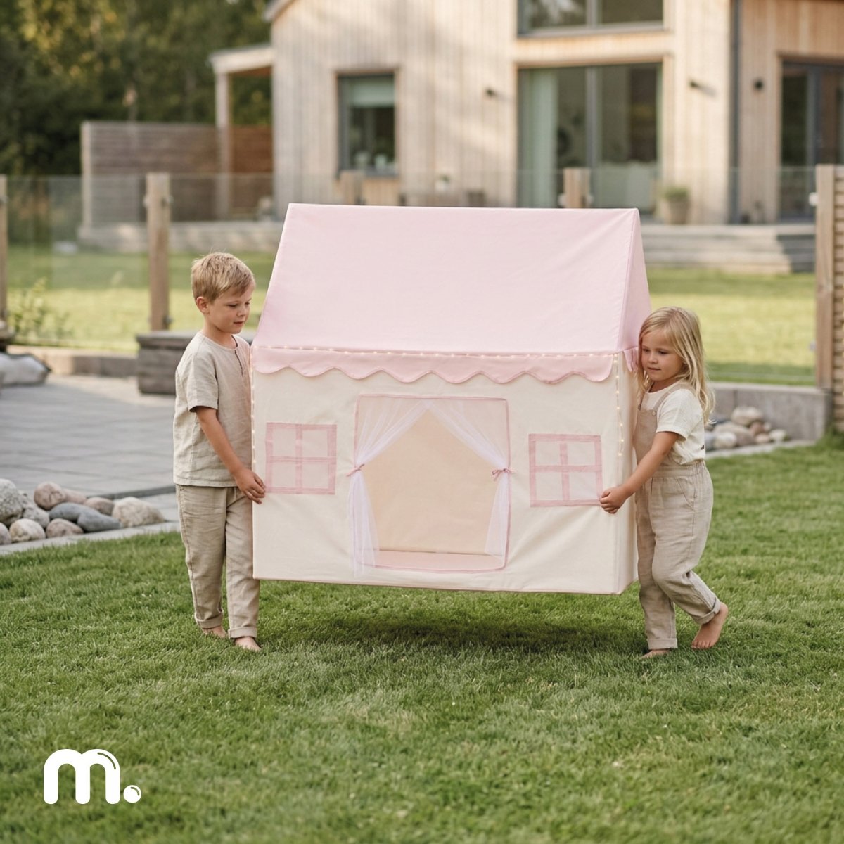 Domek składany XXL - namiot dla dzieci do zabawy, zamek z oknami, do pokoju i ogrodu, z lampkami LED - różowy