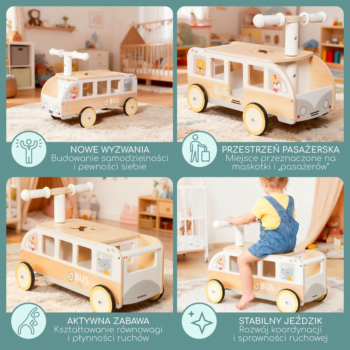Drewniany jeździk Busik dla dzieci – Autobus z schowkami i przestrzenią na pluszaki