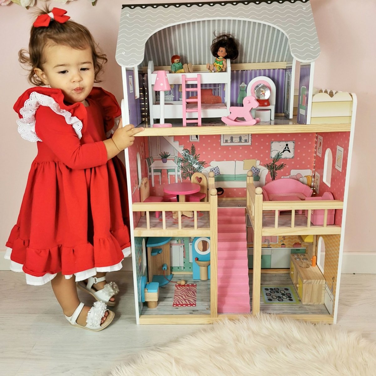 Duży drewniany 3-piętrowy domek dla lalek z tarasem, zestawem mebli i oświetleniem LED!