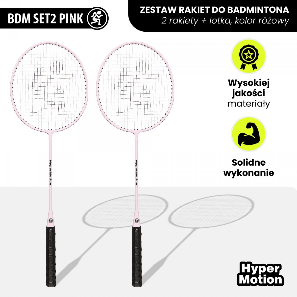 Zestaw do gry w badmintona HyperMotion – 2 rakiety, lotka - kolor różowy