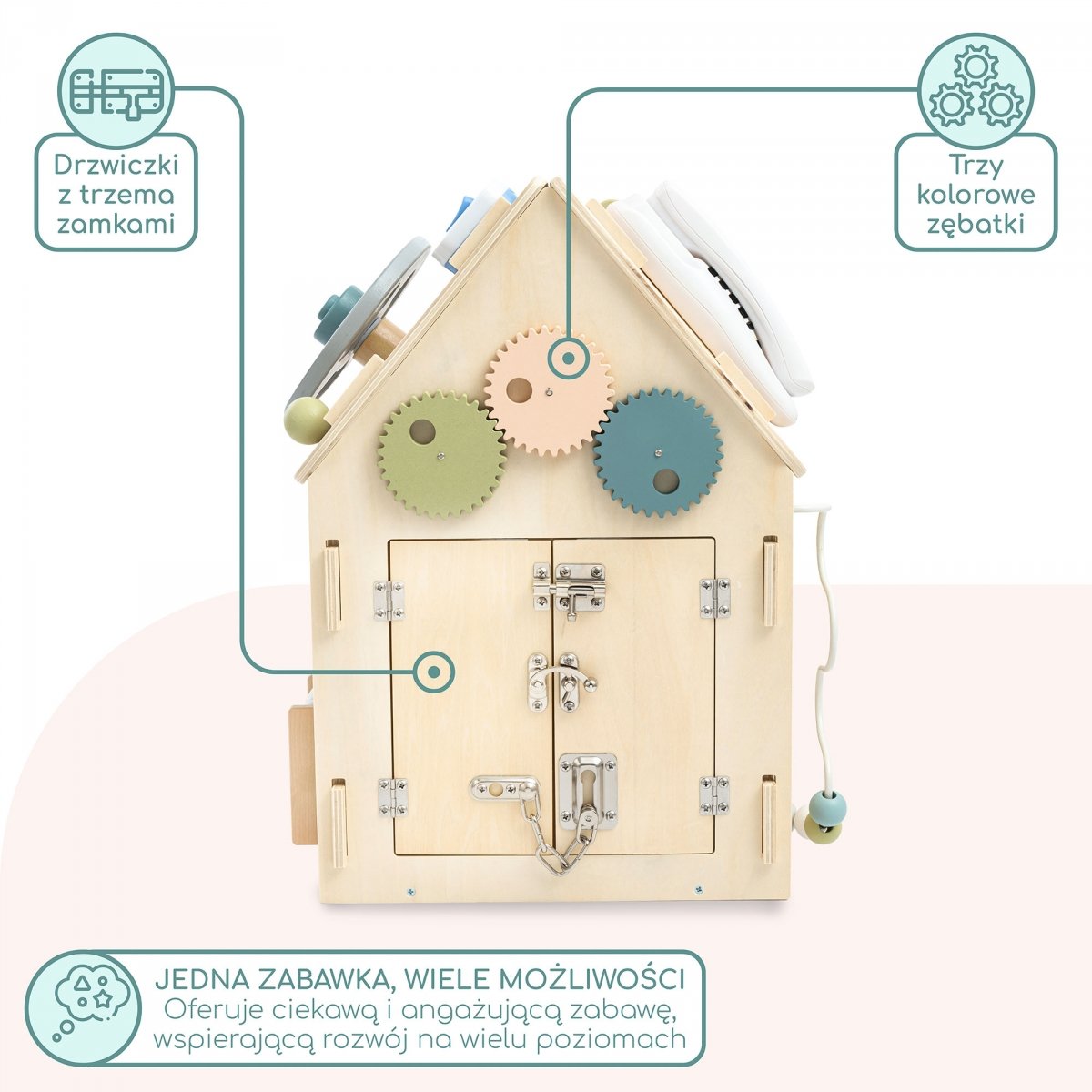 Drewniany, edukacyjny domek aktywności Montessori 6 w 1- sensoryczna tablica manipulacyjna