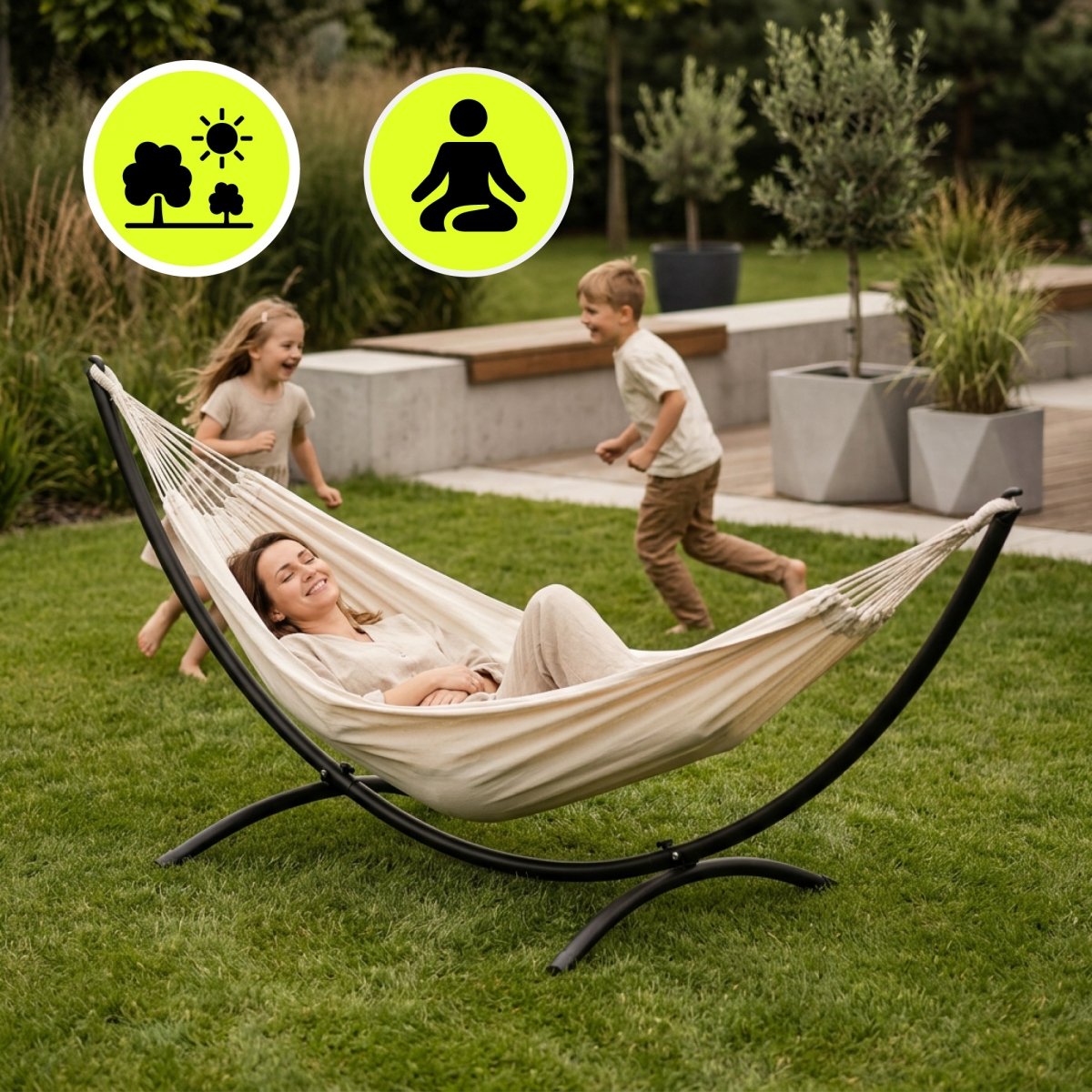 Zestaw hamak ogrodowy + stelaż metalowy łukowy – gotowa strefa relaksu