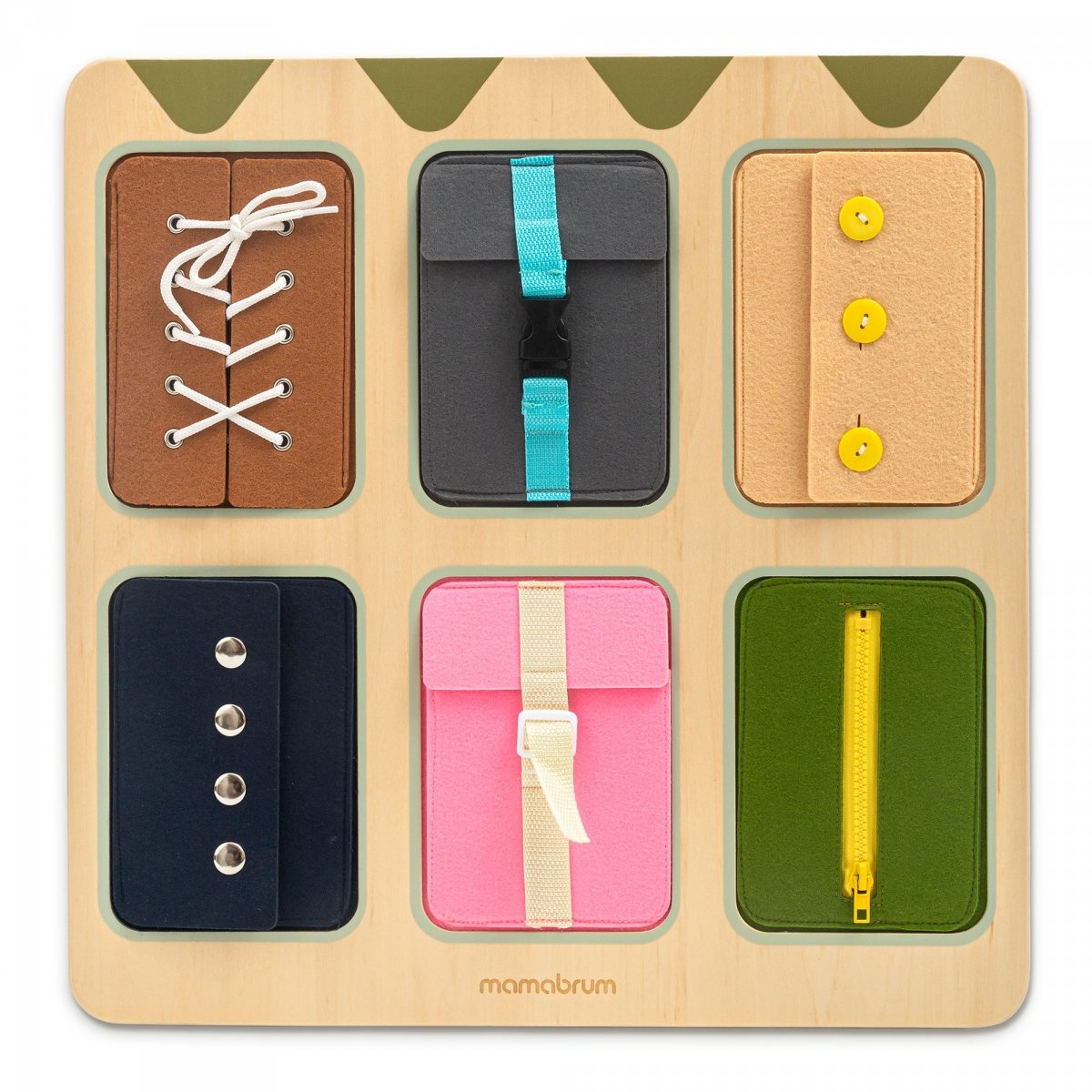 Drewniana tablica manipulacyjna Montessori – Sensoryczna Nauka samodzielności - sznurówki, klamry, guziki, zatrzaski, suwak