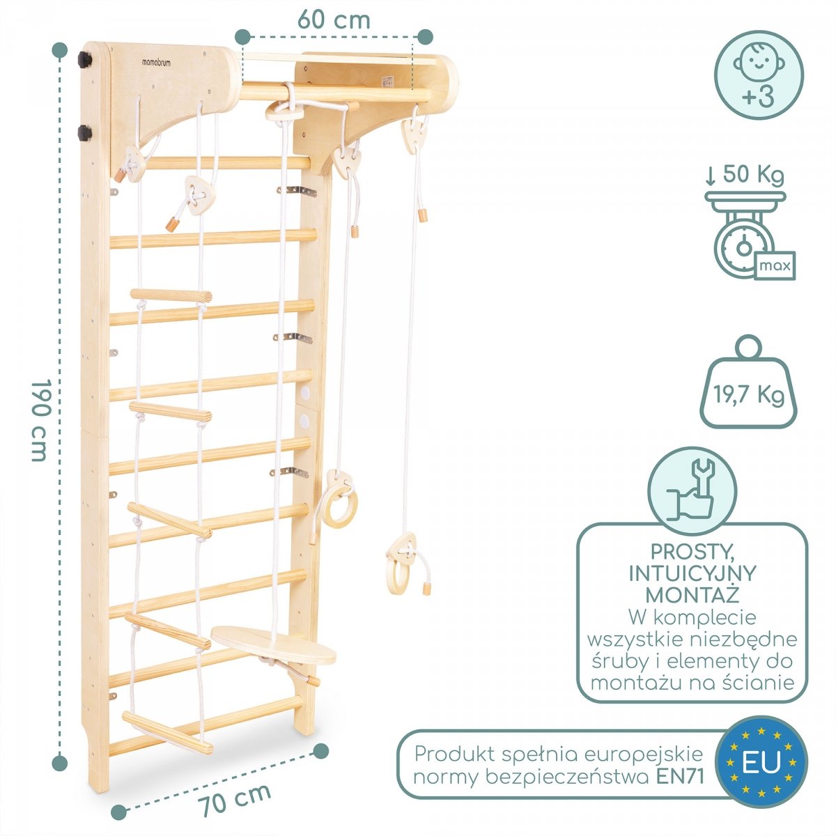 Drewniana drabinka gimnastyczna dla dzieci z akcesoriami – huśtawka talerzowa, kółka gimnastyczne i drabinka linowa