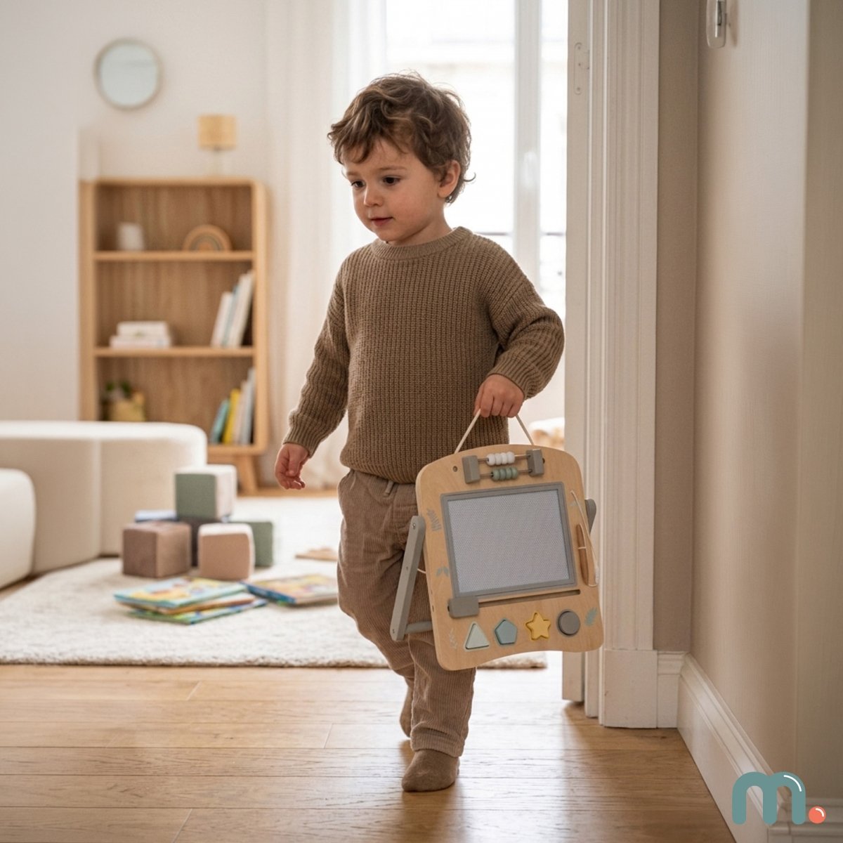 Drewniana tablica edukacyjna 2w1 dla dzieci, dwustronna tablica magnetyczna ze znikopisem, liczydłem i sorterem