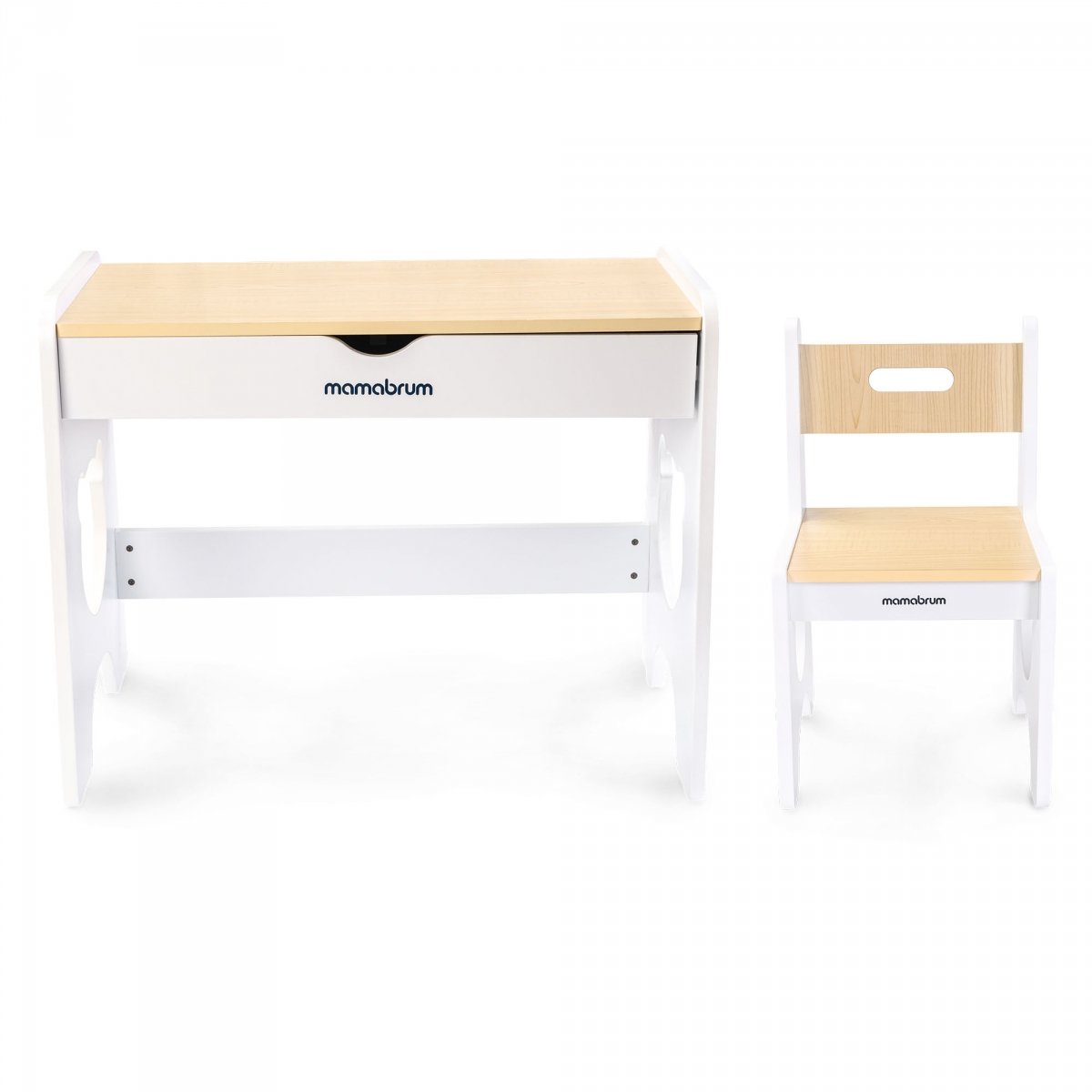 Zestaw dla dzieci - biały, drewniany stolik - biurko z szufladą i krzesełkiem - Miś