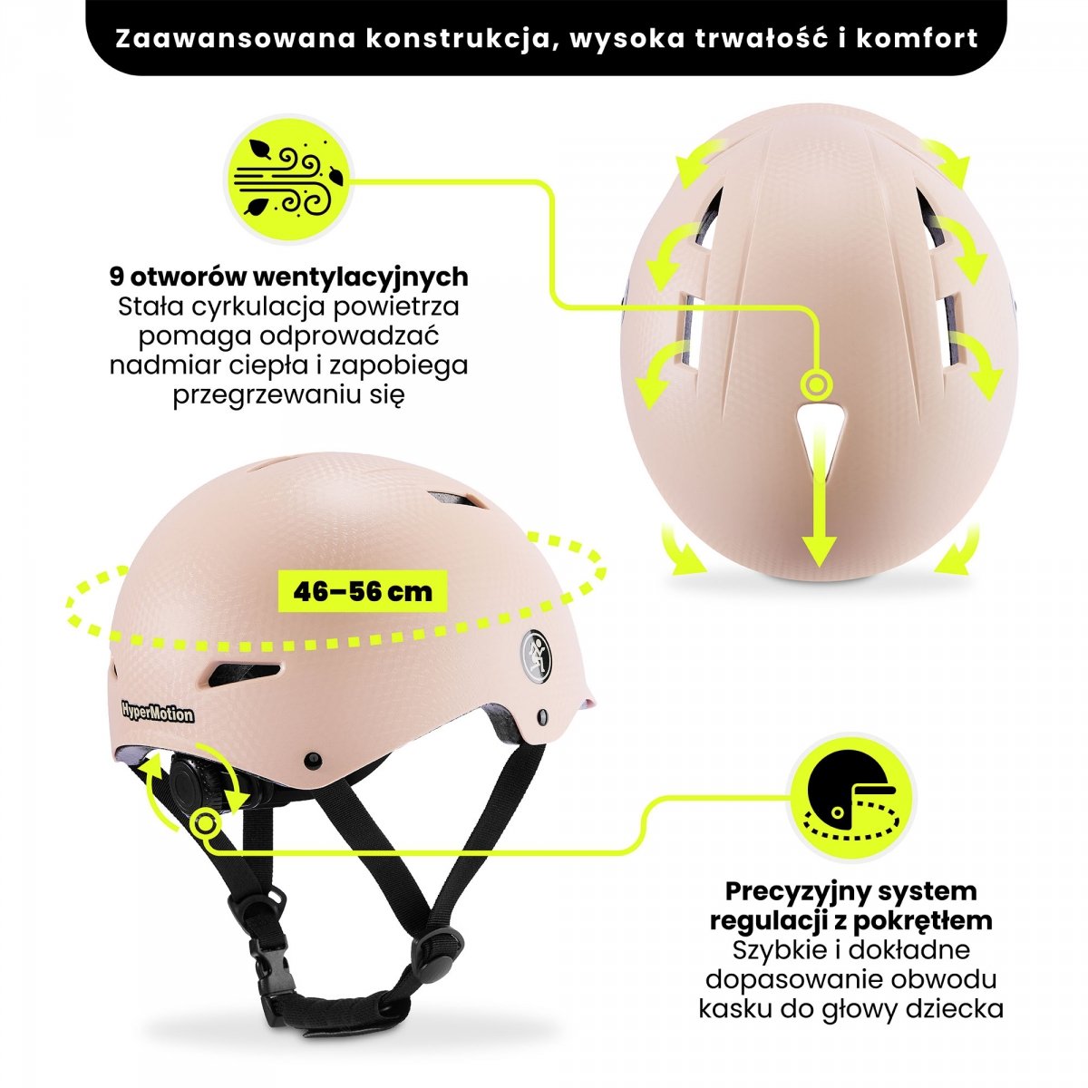 Kask dziecięcy na rower, hulajnogę HyperMotion rozmiar S (46-56 cm), kolor beżowy