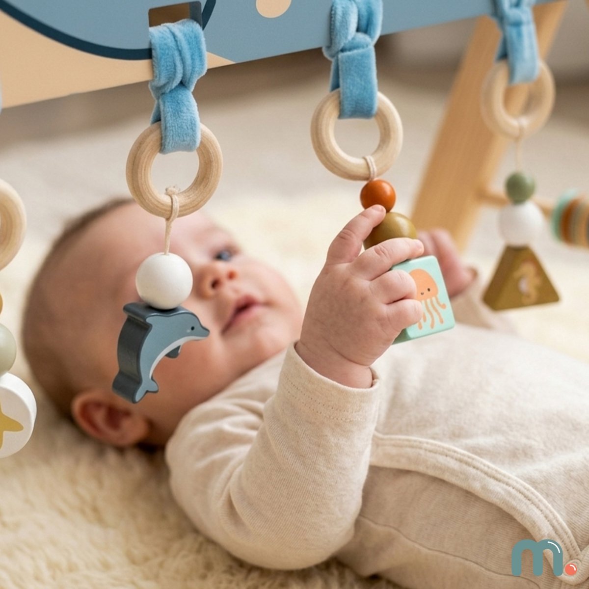 Drewniany stojak edukacyjny dla niemowląt - Baby Gym z motywem oceanu