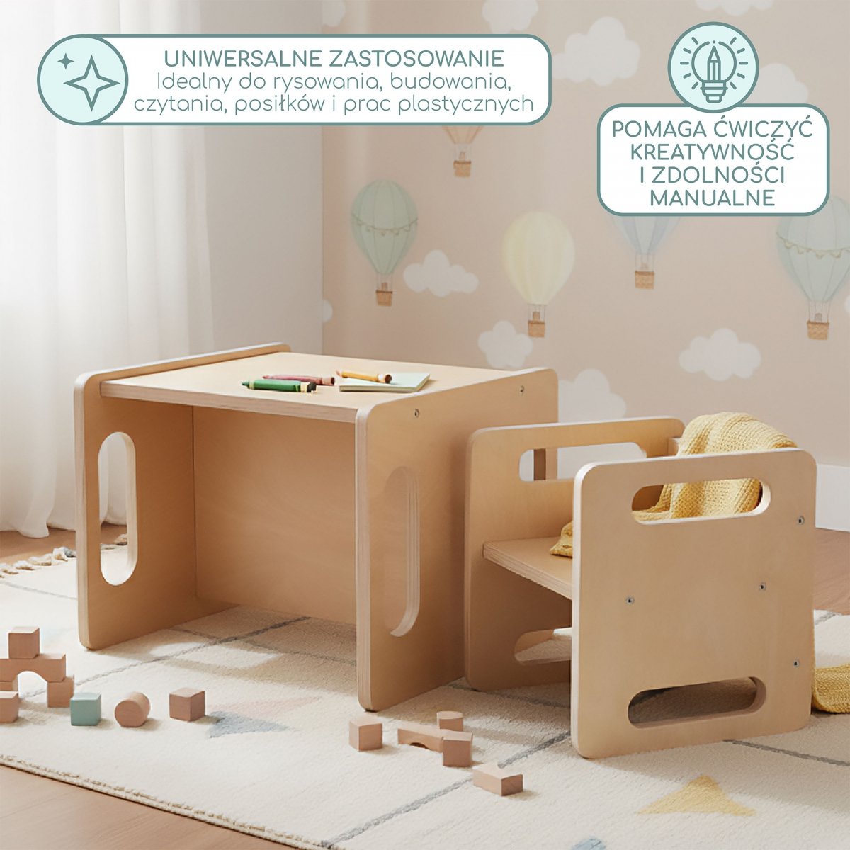 Drewniany stolik i krzesełko z funkcją podestu – multifunkcyjny zestaw Montessori dla dzieci